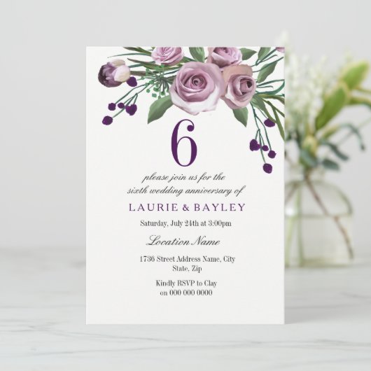 Elegant Plum Paarse 6th Wedding Jubileum Invite Kaart (Staand voorkant)