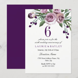 Elegant Plum Paarse 6th Wedding Jubileum Invite Kaart