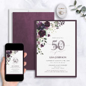 Elegant Plum Paarse Bloemen Script 50th Verjaardag Kaart