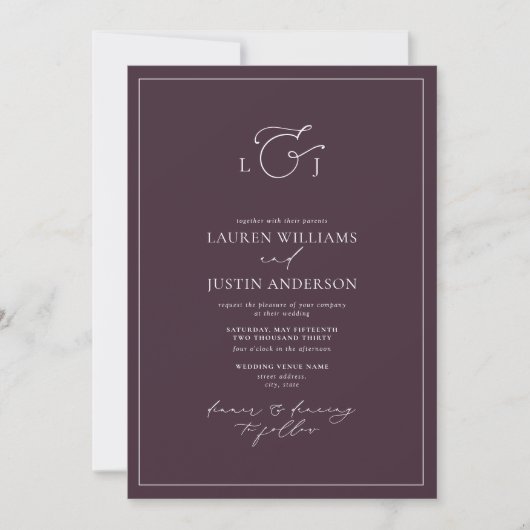 Elegant Plum Paarse Calligraphy Monogram Wedding Kaart (Voorkant)