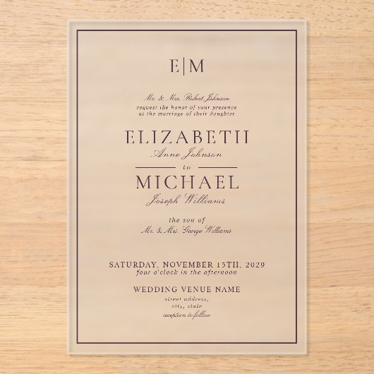 Elegant Plum Paarse Classic Monogram Weddenschap Acryl Uitnodigingen (Voorkant)