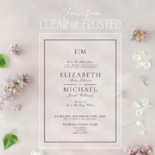 Elegant Plum Paarse Classic Monogram Weddenschap Acryl Uitnodigingen