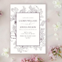 Elegant Plum Paarse Floral Line Art Wedding