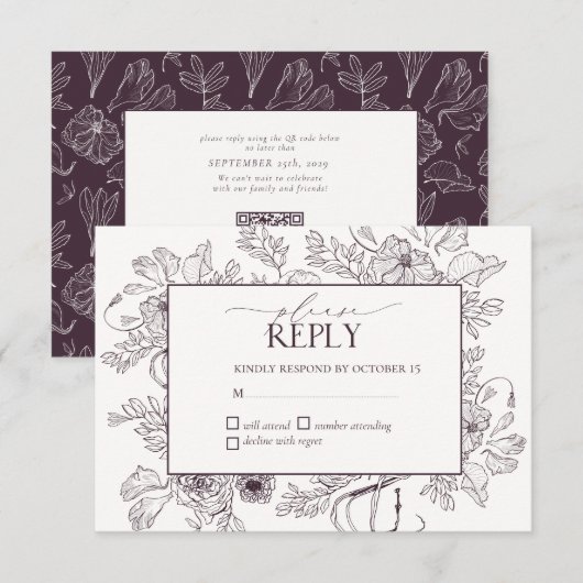 Elegant Plum Paarse Floral Line Art Wedding RSVP Kaartje (Voorkant / Achterkant)