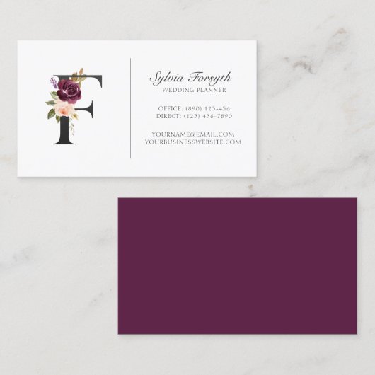 Elegant Plum Paarse Floral Rozen Monogram Visitekaartje (Voorkant / Achterkant)