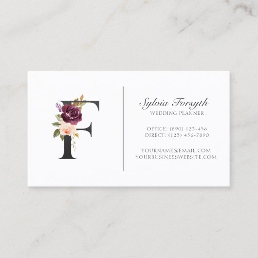 Elegant Plum Paarse Floral Rozen Monogram Visitekaartje (Voorkant)