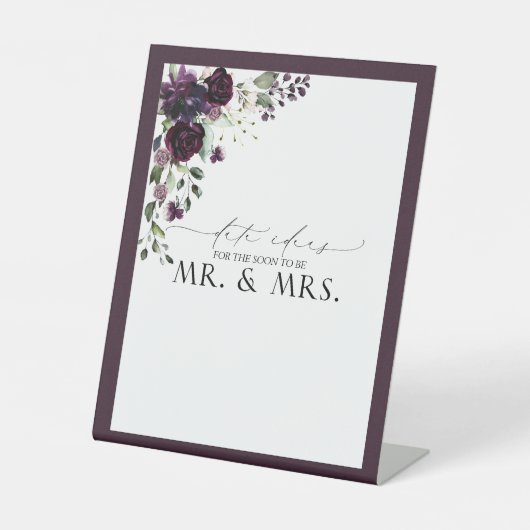 Elegant Plum Paarse Floral Waterverf Date Ideeën Reclamebord Met Voetstuk (Voorkant)