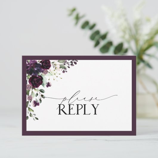 Elegant Plum Paarse Floral Waterverf RSVP (Staand voorkant)