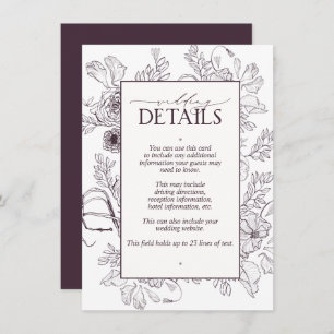 Elegant Plum Paarse Floral Wedding Details Informatiekaartje