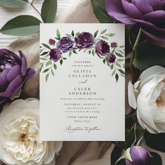 Elegant Plum Paarse Floral Wedding Kaart
