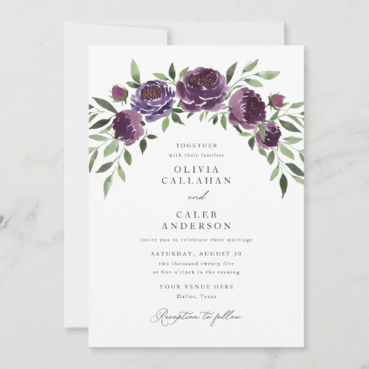Elegant Plum Paarse Floral Wedding Kaart (Voorkant)