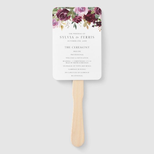 Elegant Plum Paarse Floral Wedding Programme Handwaaier (Voorkant)