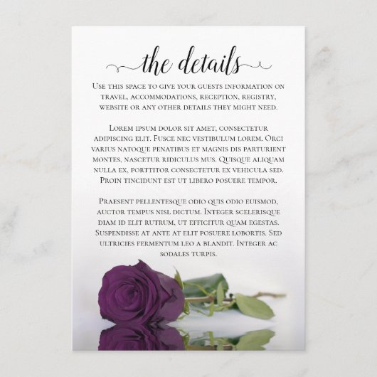 Elegant Plum Paarse Romantic Roos Wedding Details Informatiekaartje (Voorkant)