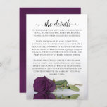 Elegant Plum Paarse Romantic Roos Wedding Details Informatiekaartje<br><div class="desc">Deze mooie trouwbijsluitkaart is ontworpen om u extra ruimte te bieden voor alle informatie die uw gasten nodig hebben, zoals website, register, ontvangst, reizen, accommodaties of andere details. De kaart biedt een prachtig ontwerp met één reflecterend paars roos met kleuren en een lacy script voor het lezen van "de details"....</div>