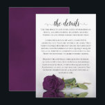 Elegant Plum Paarse Romantic Roos Wedding Details Informatiekaartje<br><div class="desc">Deze mooie trouwbijsluitkaart is ontworpen om u extra ruimte te bieden voor alle informatie die uw gasten nodig hebben, zoals website, register, ontvangst, reizen, accommodaties of andere details. De kaart biedt een prachtig ontwerp met één reflecterend paars roos met kleuren en een lacy script voor het lezen van "de details"....</div>