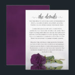 Elegant Plum Paarse Romantic Roos Wedding Details Informatiekaartje<br><div class="desc">Deze mooie trouwbijsluitkaart is ontworpen om u extra ruimte te bieden voor alle informatie die uw gasten nodig hebben, zoals website, register, ontvangst, reizen, accommodaties of andere details. De kaart biedt een prachtig ontwerp met één reflecterend paars roos met kleuren en een lacy script voor het lezen van "de details"....</div>