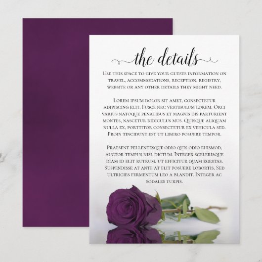 Elegant Plum Paarse Romantic Roos Wedding Details Informatiekaartje (Voorkant / Achterkant)
