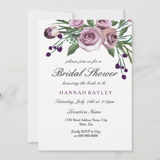 Elegant Plum Paarse Roos Bridal Shower Invitation Kaart (Voorkant)
