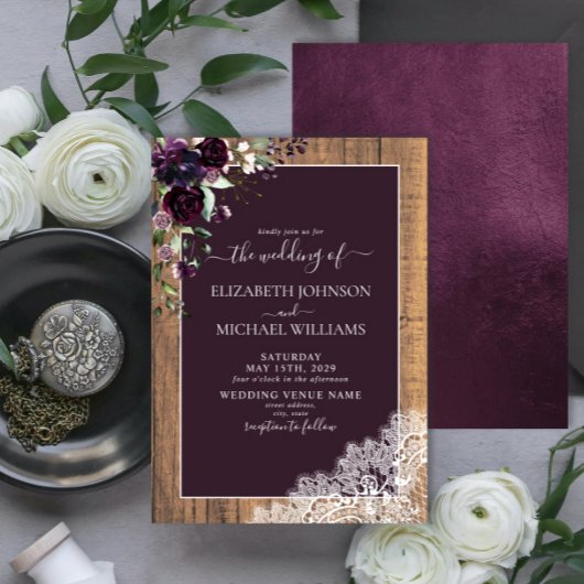 Elegant Plum Paarse Rustic Wood Script Weddenschap Kaart