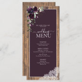 Elegant Plum Paarse Rustic Wood Script Weddenschap Menu (Voorkant / Achterkant)