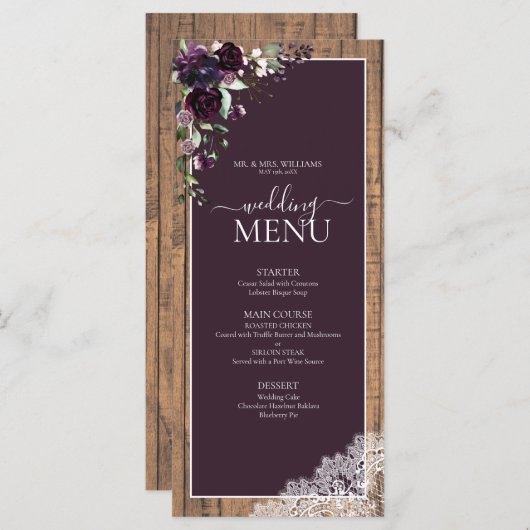 Elegant Plum Paarse Rustic Wood Script Weddenschap Menu (Voorkant / Achterkant)