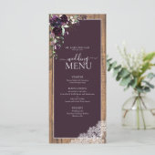 Elegant Plum Paarse Rustic Wood Script Weddenschap Menu (Staand voorkant)