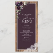 Elegant Plum Paarse Rustic Wood Script Weddenschap Menu (Voorkant)