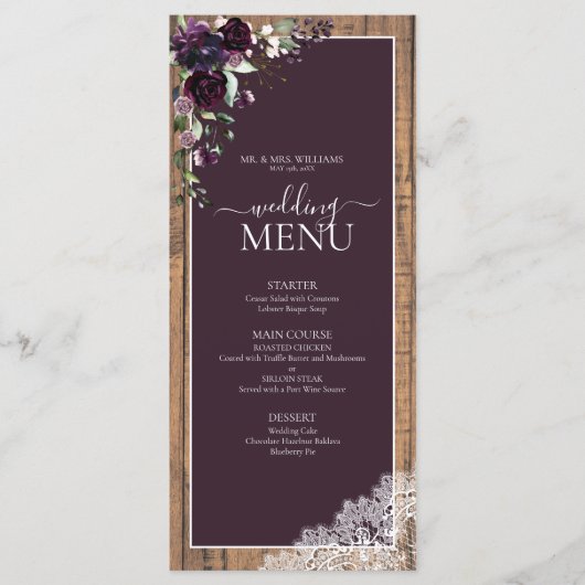 Elegant Plum Paarse Rustic Wood Script Weddenschap Menu (Voorkant)
