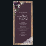 Elegant Plum Paarse Rustic Wood Script Weddenschap Menu<br><div class="desc">Ooh, we zijn zo blij met deze trendy pruim paarse, rustieke 4 "x 9" bruiloft menu! Het was niet gemakkelijk om een rustiek paarse pruimenontwerp te bedenken dat we vonden dat aan onze esthetische eisen voldeed, maar toen deden we het, en nu zijn we verliefd! Onderdeel van een bijpassende trouwset....</div>
