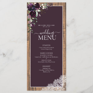 Elegant Plum Paarse Rustic Wood Script Weddenschap Menu