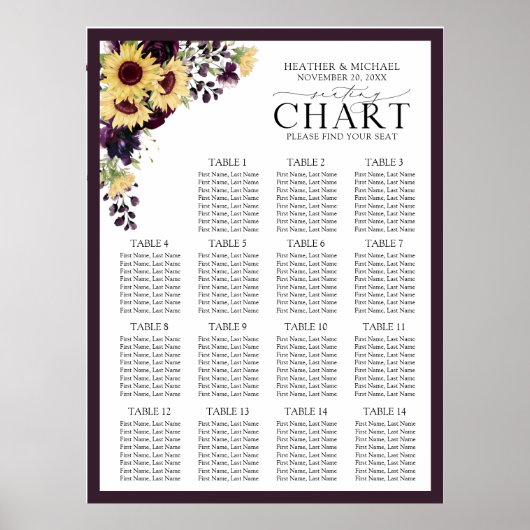 Elegant Plum Paarse Sunflower Reception Seat Poster (Voorkant)
