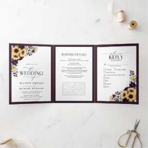 Elegant Plum Paarse Sunflower Waterverf Wedding Drieluik Uitnodiging