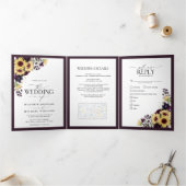 Elegant Plum Paarse Sunflower Waterverf Wedding Drieluik Uitnodiging (Binnen)