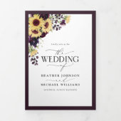 Elegant Plum Paarse Sunflower Waterverf Wedding Drieluik Uitnodiging (Cover)