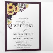 Elegant Plum Paarse Sunflower Waterverf Wedding Drieluik Uitnodiging (Binnenzijde eerst)