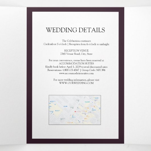 Elegant Plum Paarse Sunflower Waterverf Wedding Drieluik Uitnodiging (Binnenkant midden)