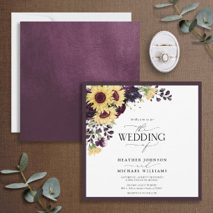 Elegant Plum Paarse Sunflower Waterverf Wedding Kaart