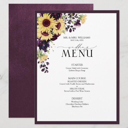Elegant Plum Paarse Sunflower Waterverf Wedding Menu (Voorkant / Achterkant)