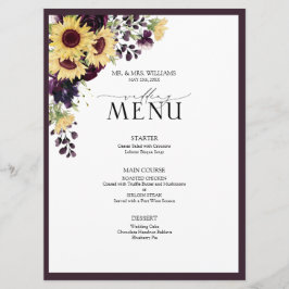 Elegant Plum Paarse Sunflower Waterverf Wedding Menu