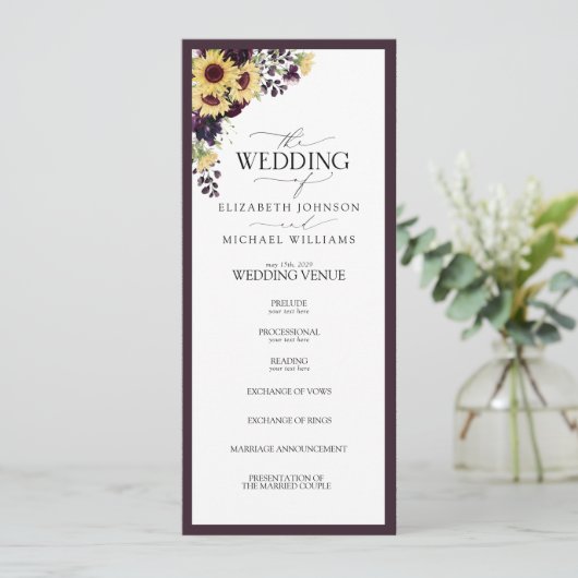 Elegant Plum Paarse Sunflower Waterverf Wedding Programmakaart (Staand voorkant)