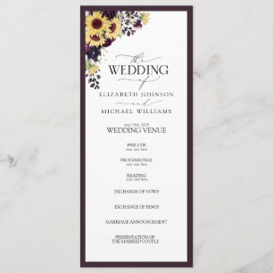 Elegant Plum Paarse Sunflower Waterverf Wedding Programmakaart
