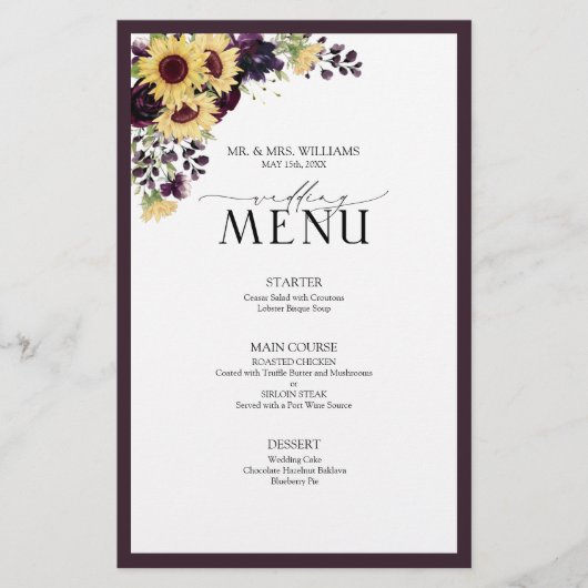 Elegant Plum Paarse Sunflower Wedding Menu (Voorkant)