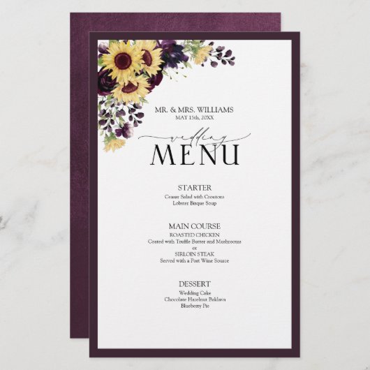 Elegant Plum Paarse Sunflower Wedding Menu (Voorkant / Achterkant)