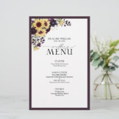 Elegant Plum Paarse Sunflower Wedding Menu (Staand voorkant)