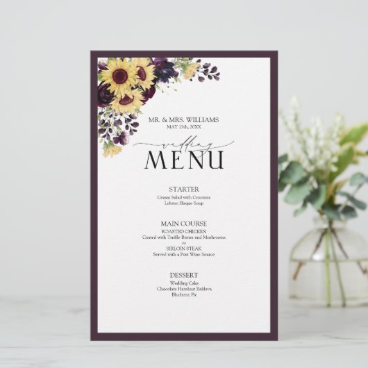 Elegant Plum Paarse Sunflower Wedding Menu (Staand voorkant)