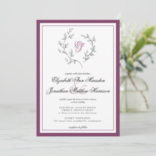 Elegant Plum Photo Monogram QR Code Wreater Kaart (Staand voorkant)