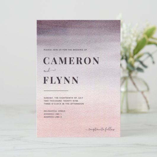 Elegant Plum Pink Ombre Waterverf Modern Wedding Kaart (Staand voorkant)