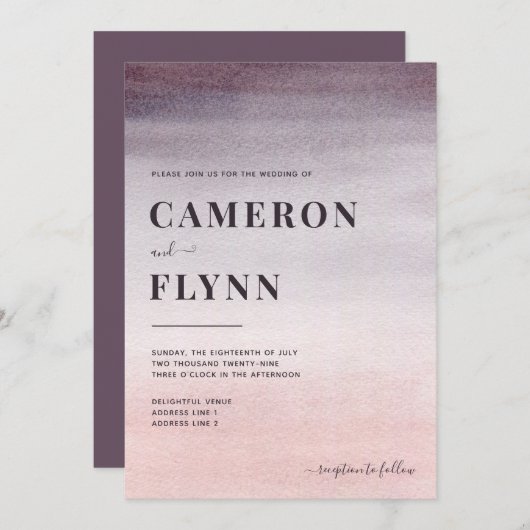 Elegant Plum Pink Ombre Waterverf Modern Wedding Kaart (Voorkant / Achterkant)