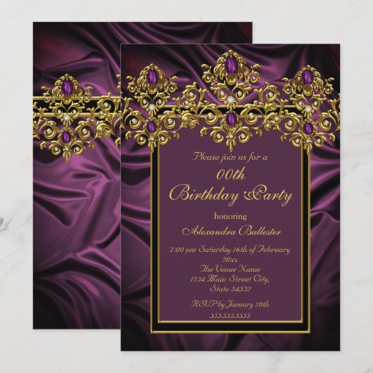 Elegant Plum Purple Birthday Silk Gem Gold Kaart (Voorkant / Achterkant)