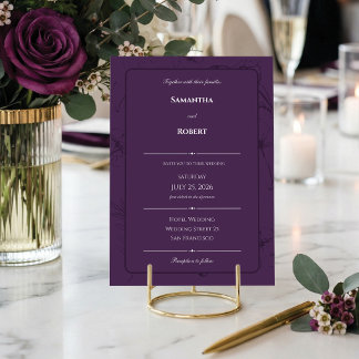 Elegant Plum Purple Floral Line Art Wedding Kaart